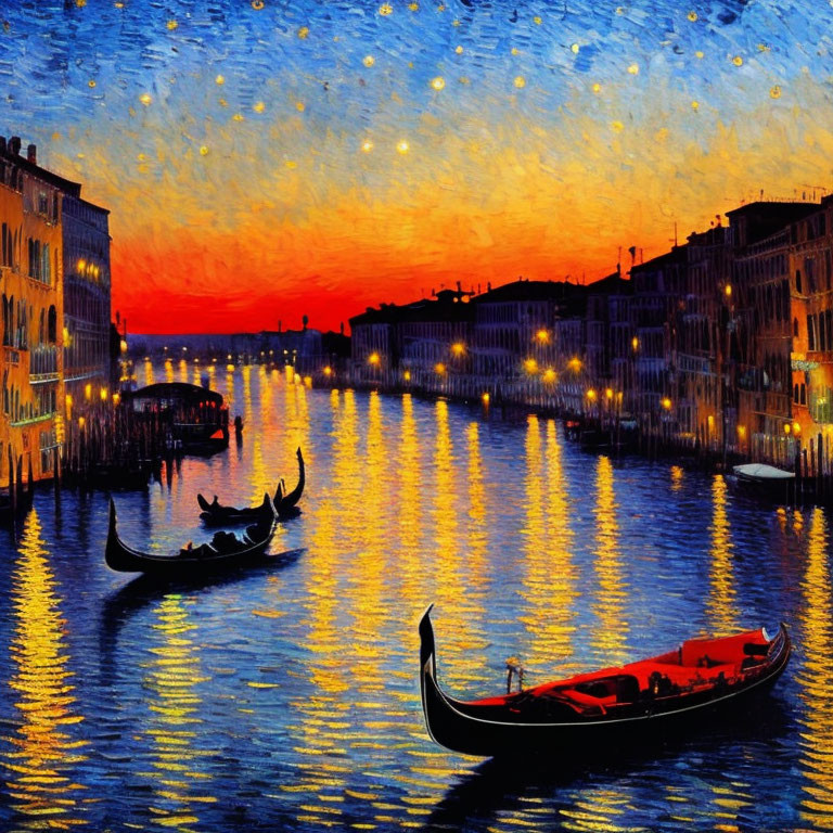 Impressionistic sunset painting of a Venetian canal with gondolas and reflections