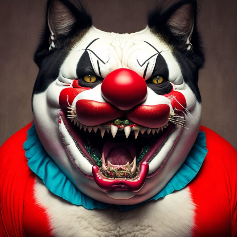 Digital art of dog with clown makeup and sharp teeth