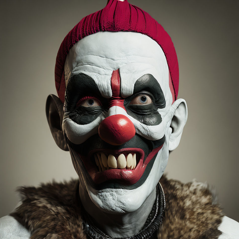 Sinister clown makeup with red nose and jagged smile