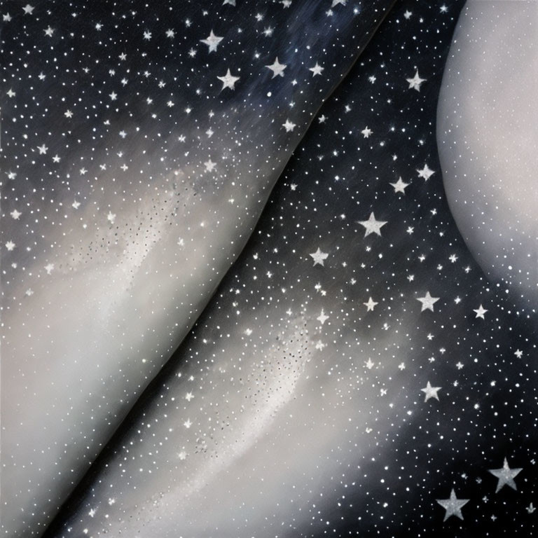 Monochromatic cosmic scene with swirling galaxies in grayscale