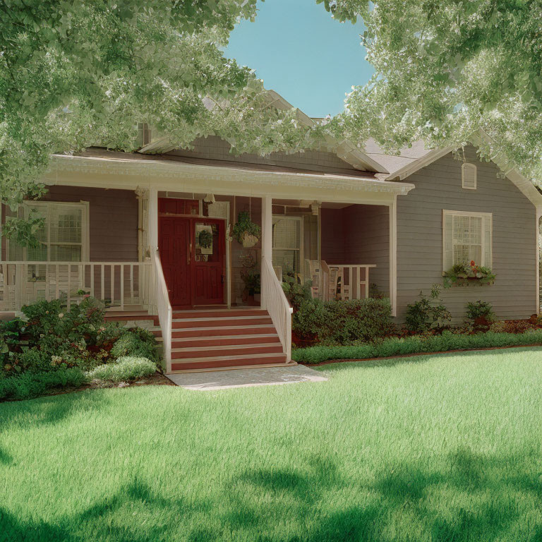 Blue House with Red Door, White Trim, Front Porch, Surrounded by Green Trees and Lawn