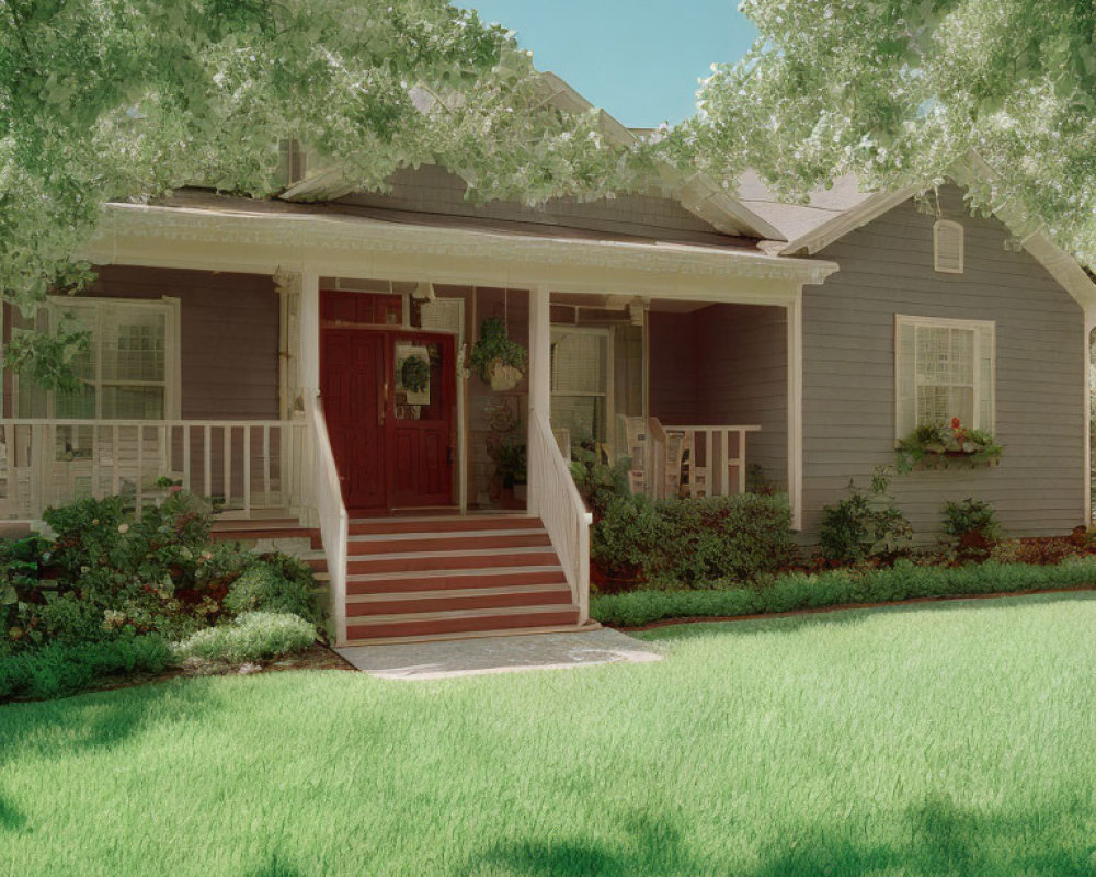 Blue House with Red Door, White Trim, Front Porch, Surrounded by Green Trees and Lawn