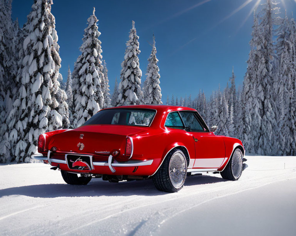 Vintage Red Sports Car in Snowy Forest with Sunlight