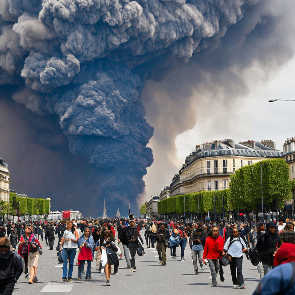 Dark volcanic ash cloud over bustling city street filled with people