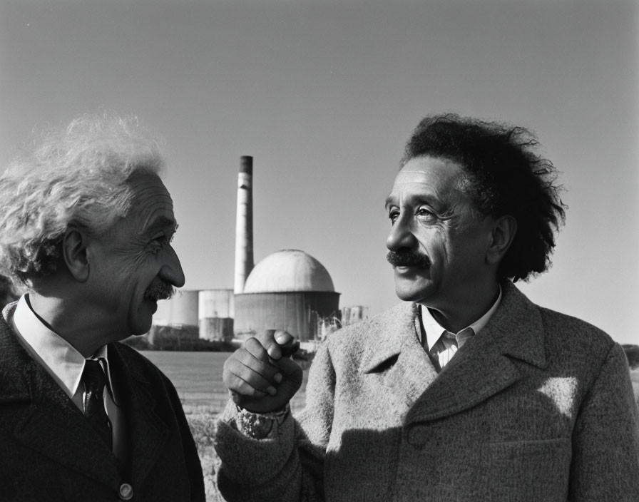 Two Men with Prominent Mustaches Talking Near Industrial Structure