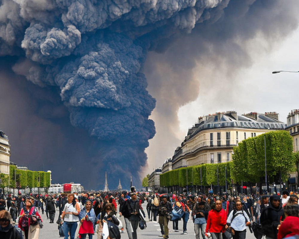 Dark volcanic ash cloud over bustling city street filled with people