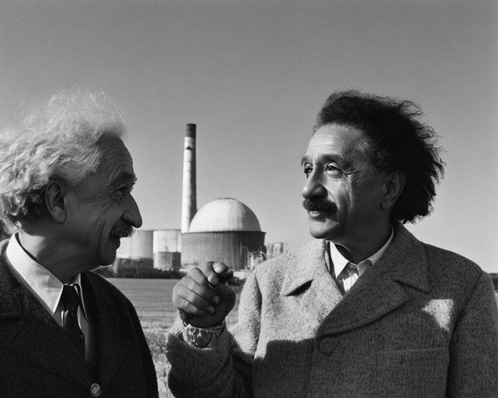 Two Men with Prominent Mustaches Talking Near Industrial Structure