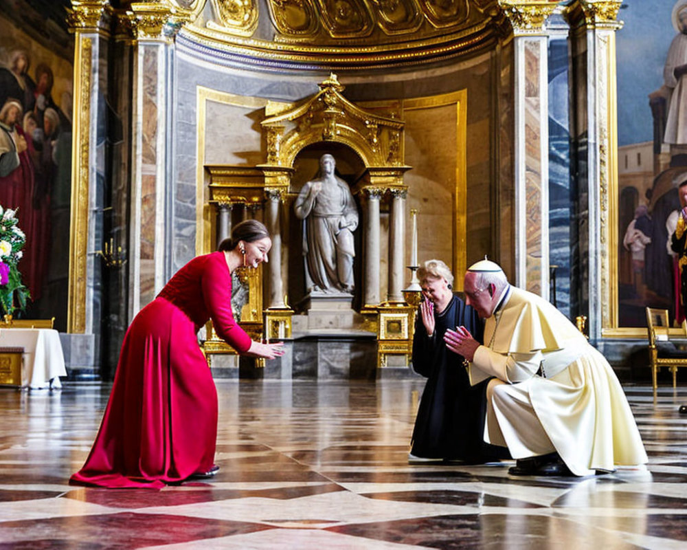 Woman in red dress curtsies to Pope in ornate room with marble floors, statues, and