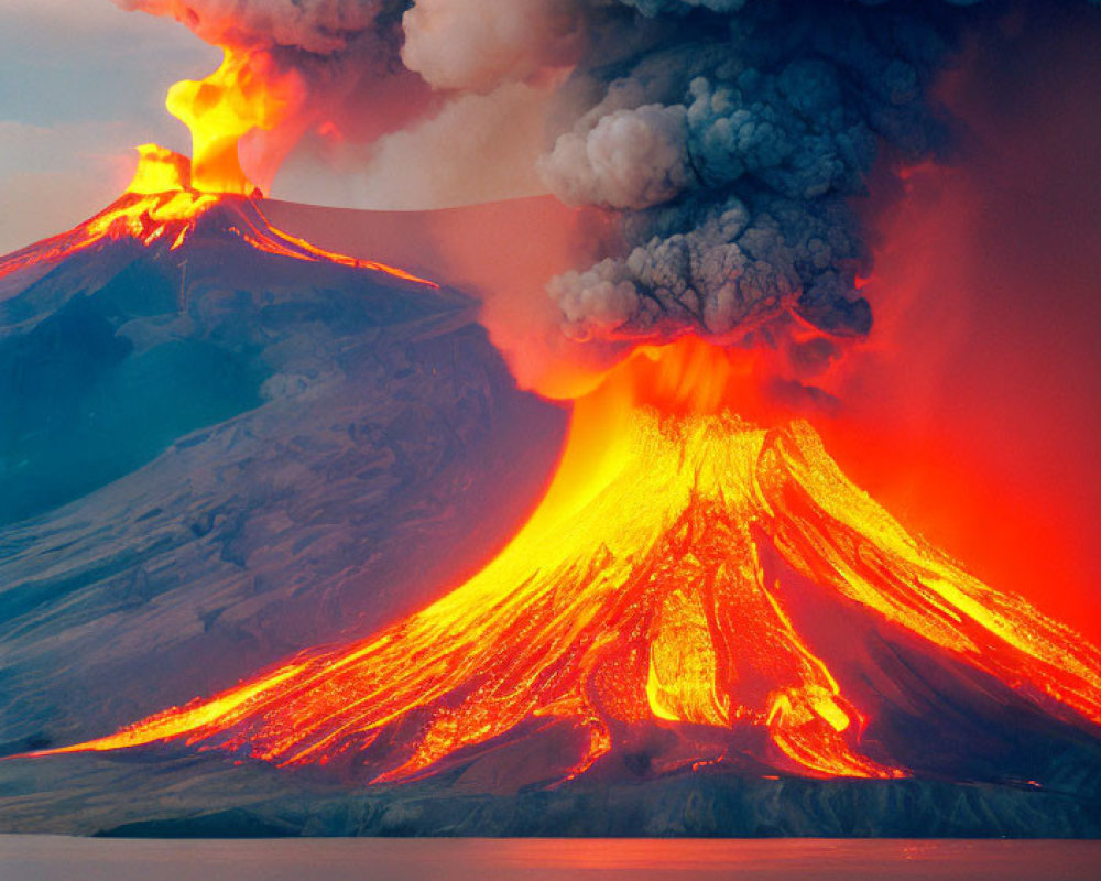 Active volcano spewing vibrant lava and smoke contrast with serene foreground