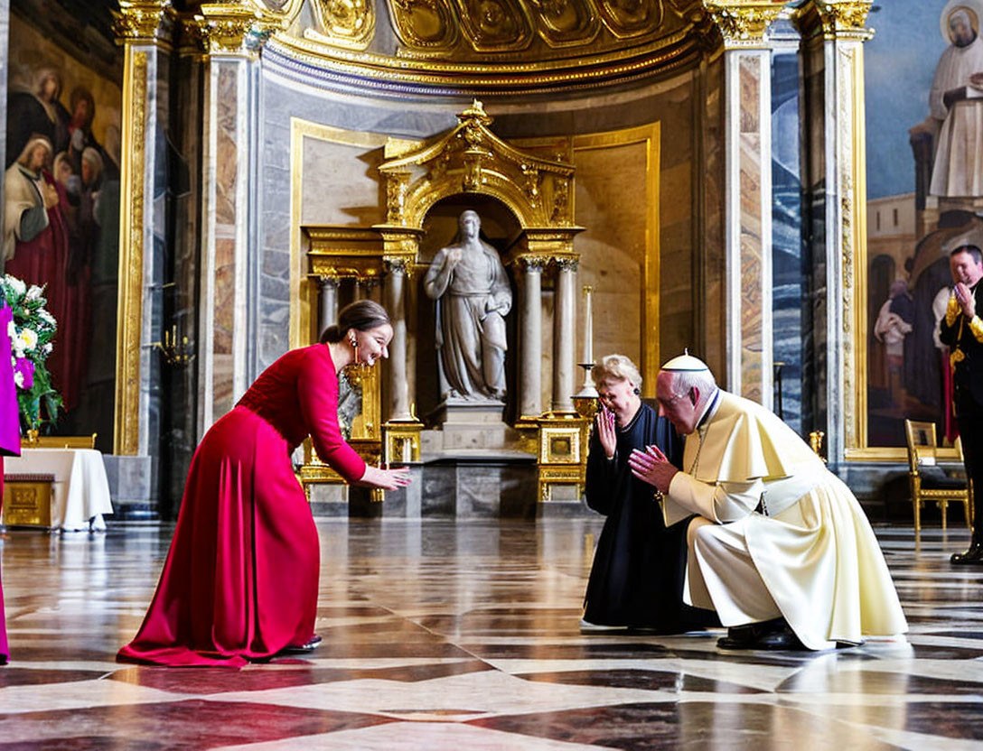 Woman in red dress curtsies to Pope in ornate room with marble floors, statues, and