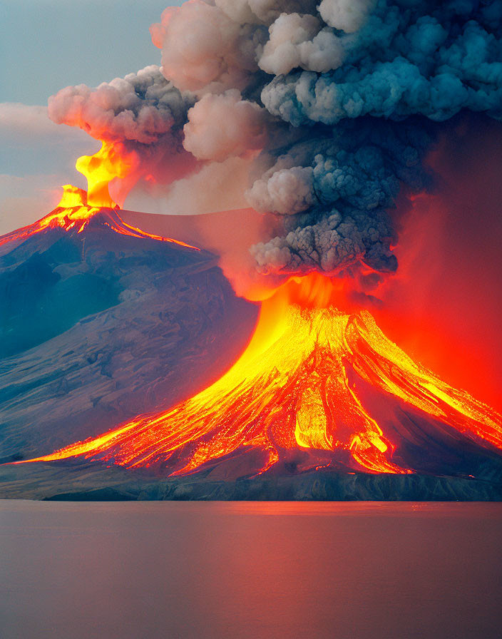 Active volcano spewing vibrant lava and smoke contrast with serene foreground