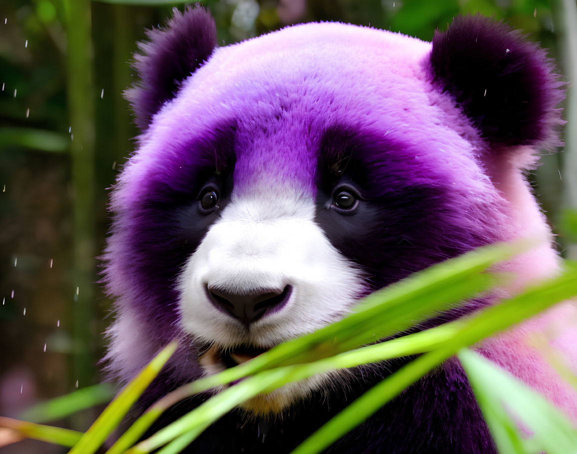 Digitally altered panda with purple and white fur in nature setting