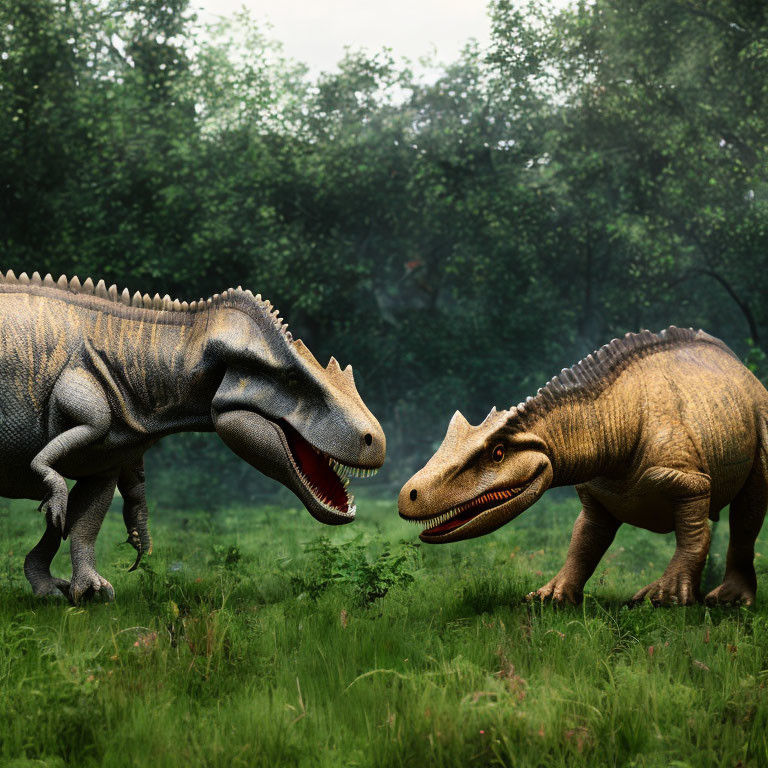 Realistic CGI dinosaurs face off in lush forest scene