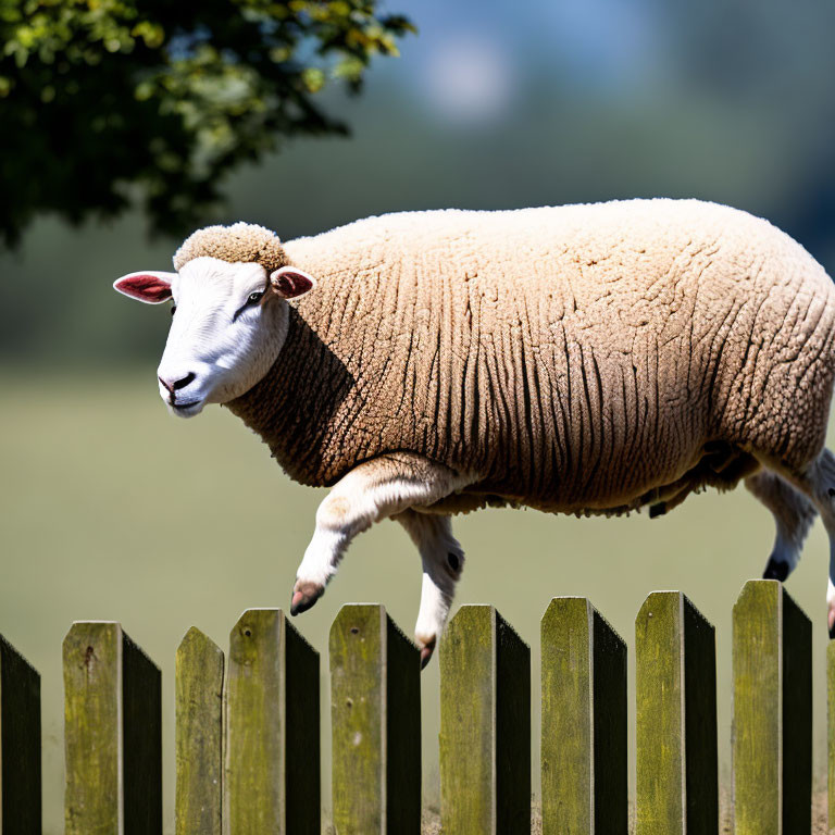 Fluffy sheep leaping wooden fence in sunny pasture