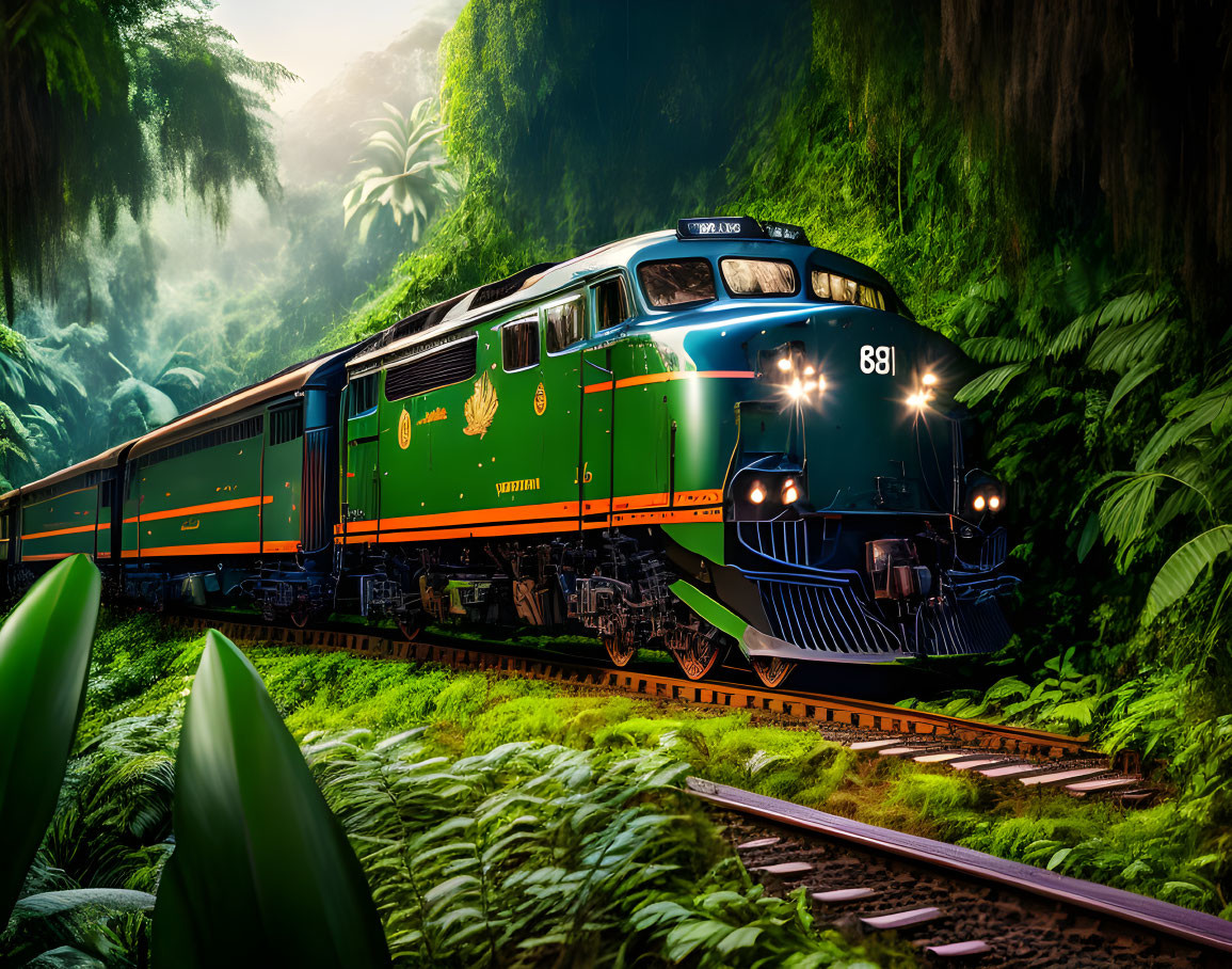 Colorful train emerges from lush tropical jungle with headlight cutting through mist.