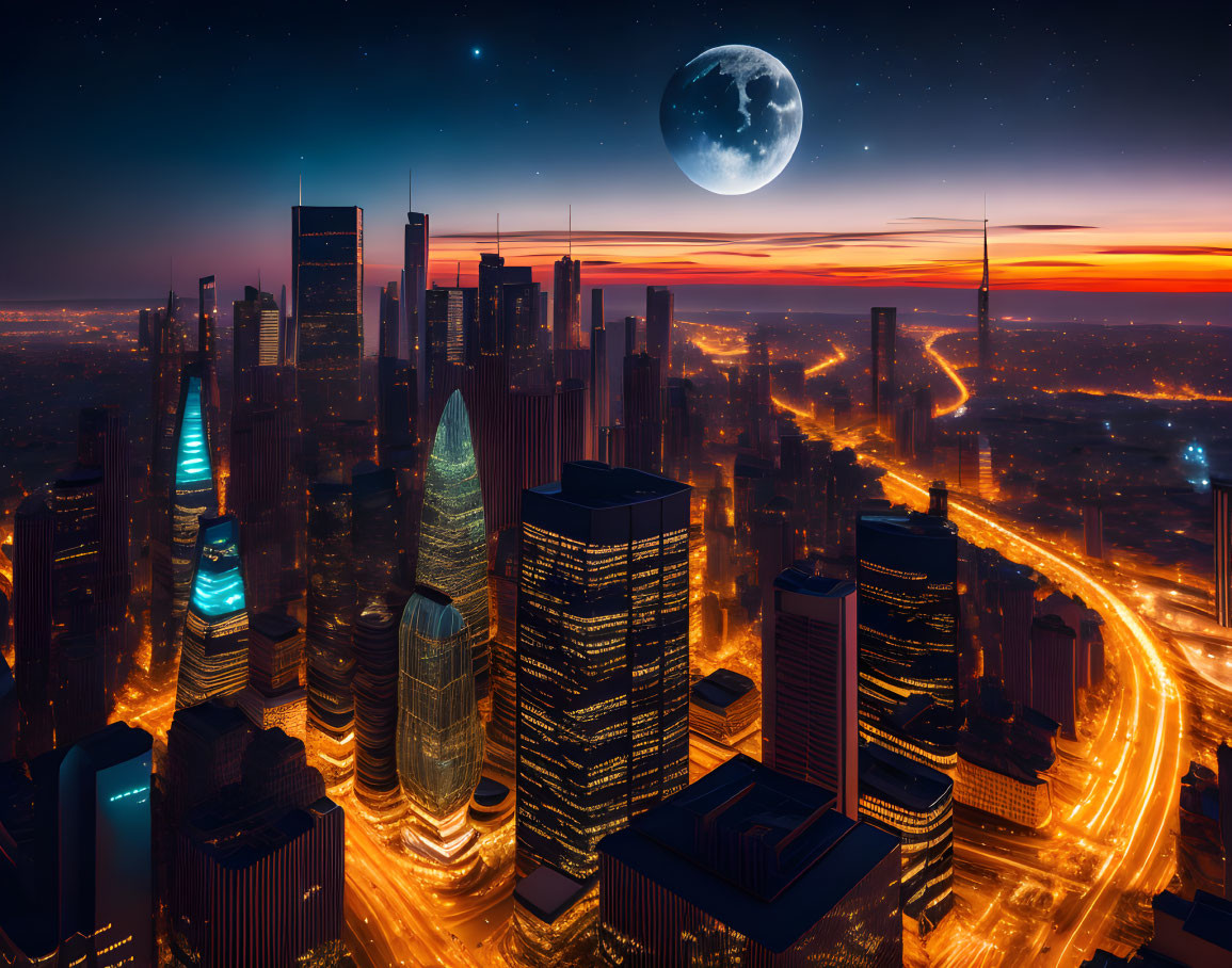 Futuristic cityscape at twilight with illuminated skyscrapers