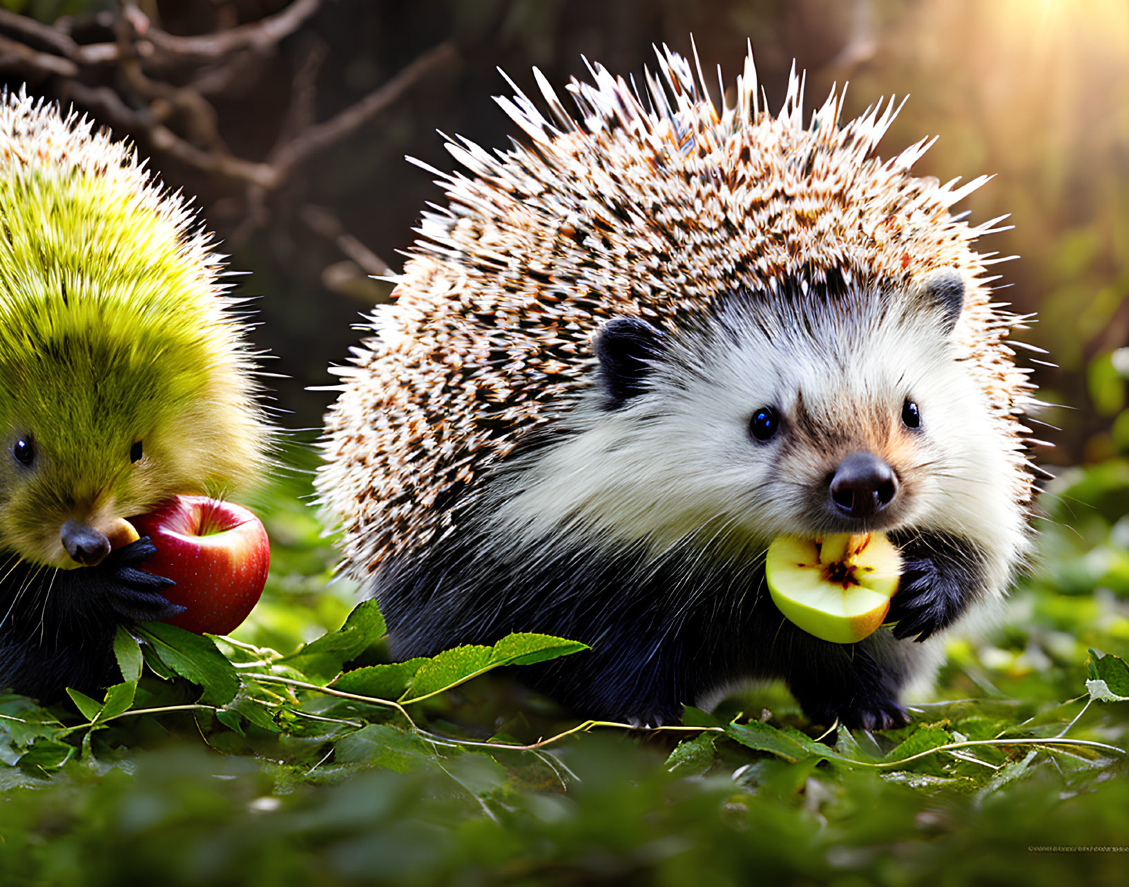 Two hedgehogs with apples in nature under soft sunlight