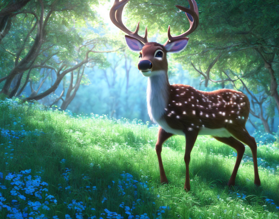 Stylized deer with large eyes and antlers in sunlit forest clearing