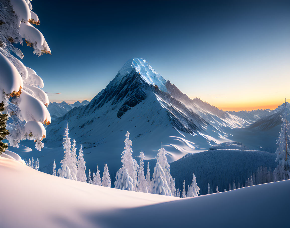 Snowy mountain landscape at sunset with snow-covered pine trees and clear skies