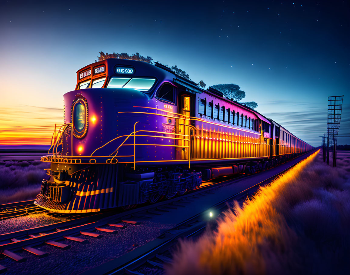 Vintage illuminated train on tracks at dusk with sunset and starry sky