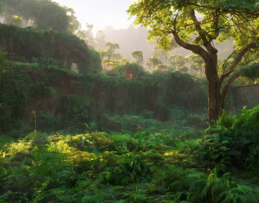 Lush forest with vibrant green foliage and misty cliffs in sunlight