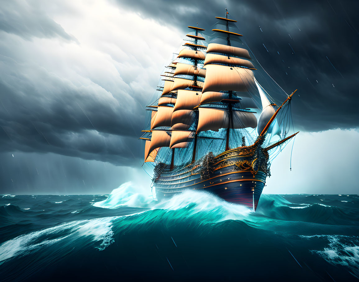 Sailing ship with unfurled sails in stormy seas