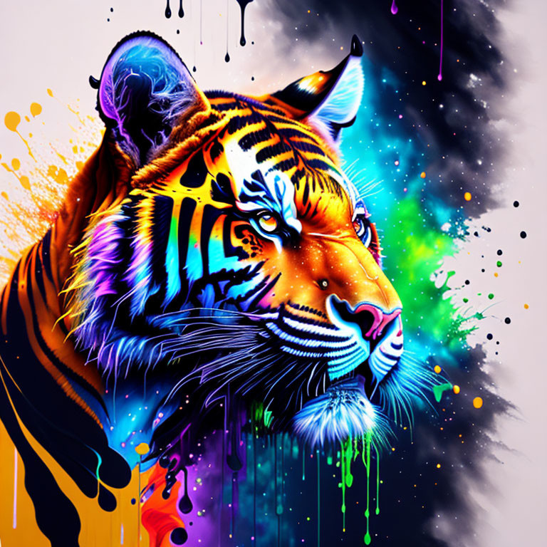 Colorful Tiger Head Artwork with Cosmic Background