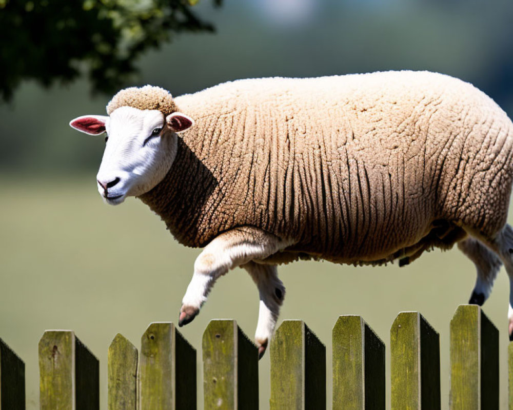 Fluffy sheep leaping wooden fence in sunny pasture