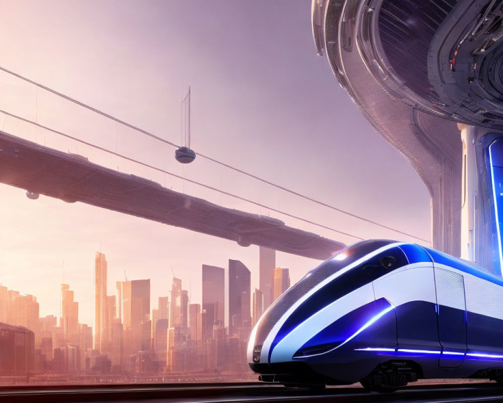 Sleek futuristic train in modern cityscape with hazy sky