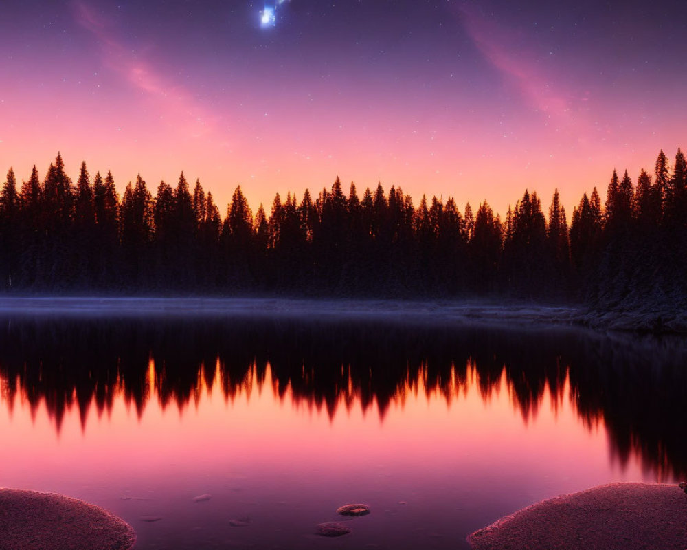 Tranquil forest and starry sky reflected in calm lake at twilight