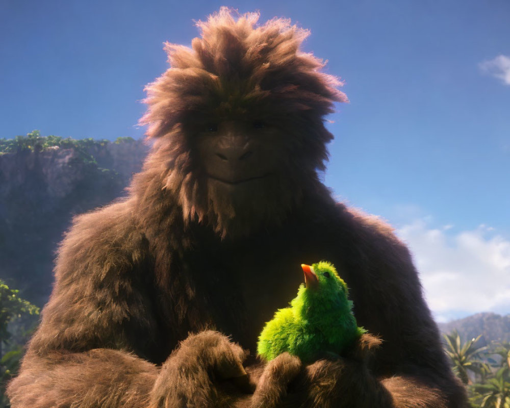 Animated Bigfoot creature holding a green bird in sunny forest