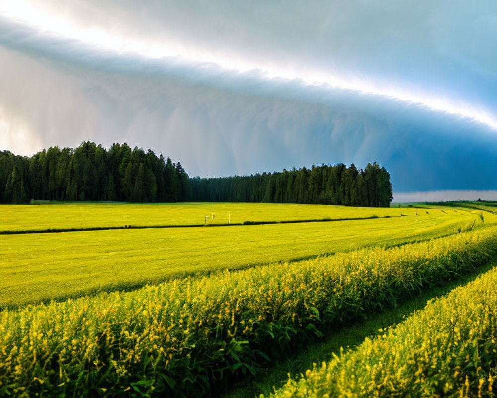 Dramatic shelf cloud over vibrant green field with lush trees