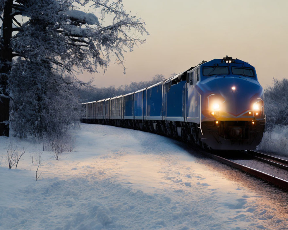 Blue train in snowy landscape at dusk with frost-covered trees and illuminated tracks.