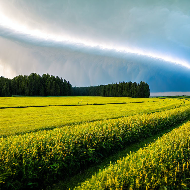 Dramatic shelf cloud over vibrant green field with lush trees