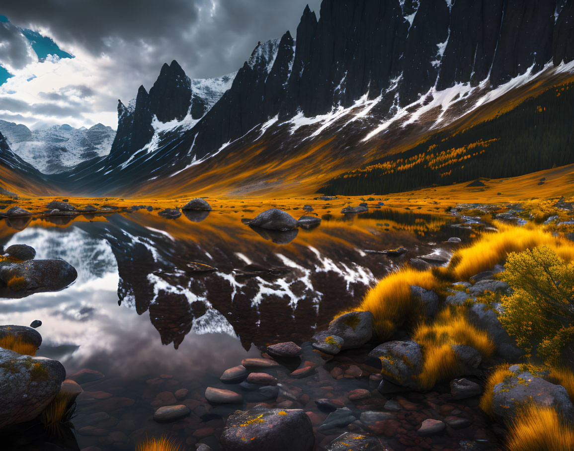 Sharp Peaks and Reflective Lake in Dramatic Mountain Landscape