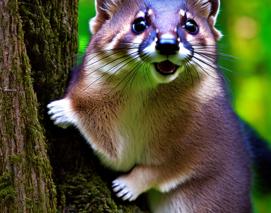 Curious marten peeking from behind tree trunk in green forest