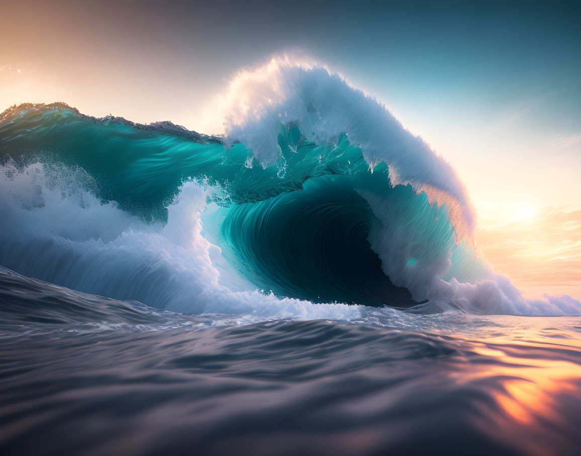 Majestic sunset wave with sunlight filtering through