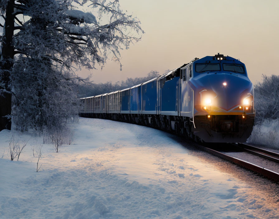 Blue train in snowy landscape at dusk with frost-covered trees and illuminated tracks.