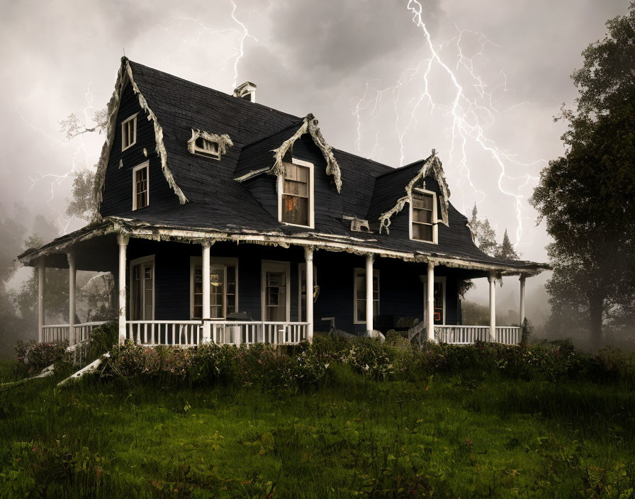 Spooky two-story house under stormy sky with lightning