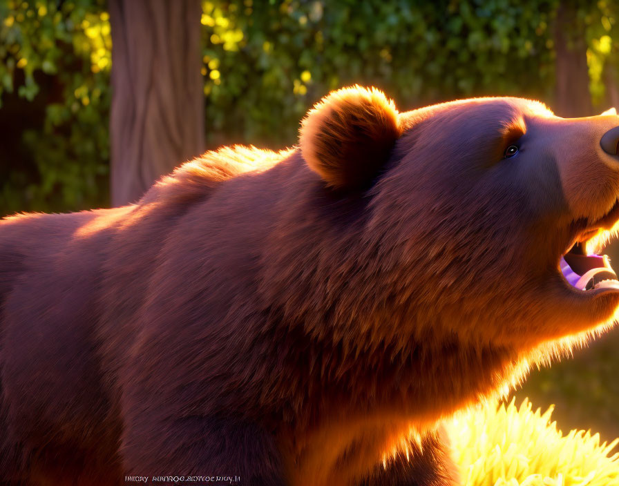 CG-animated bear with surprised expression in golden sunlight.