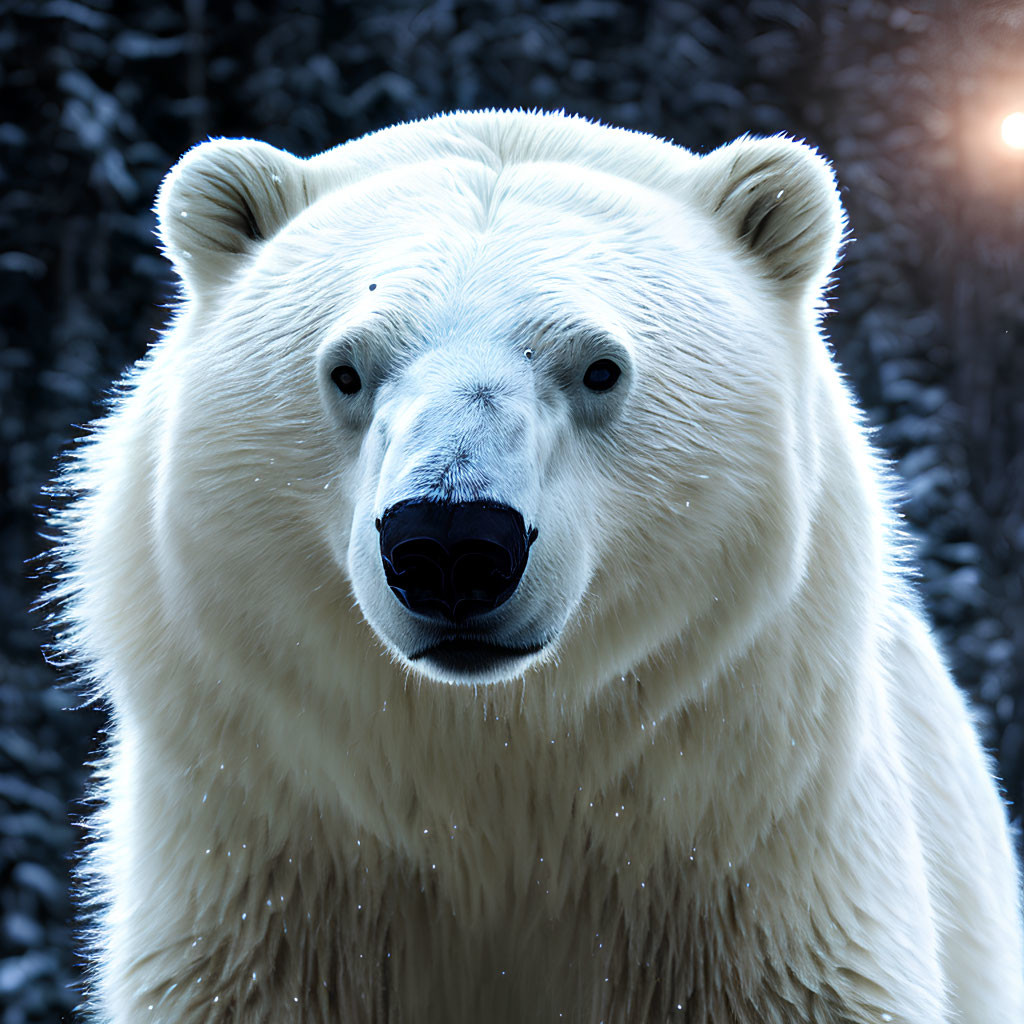 Close-up of polar bear face in snowy background with faint sunlight.