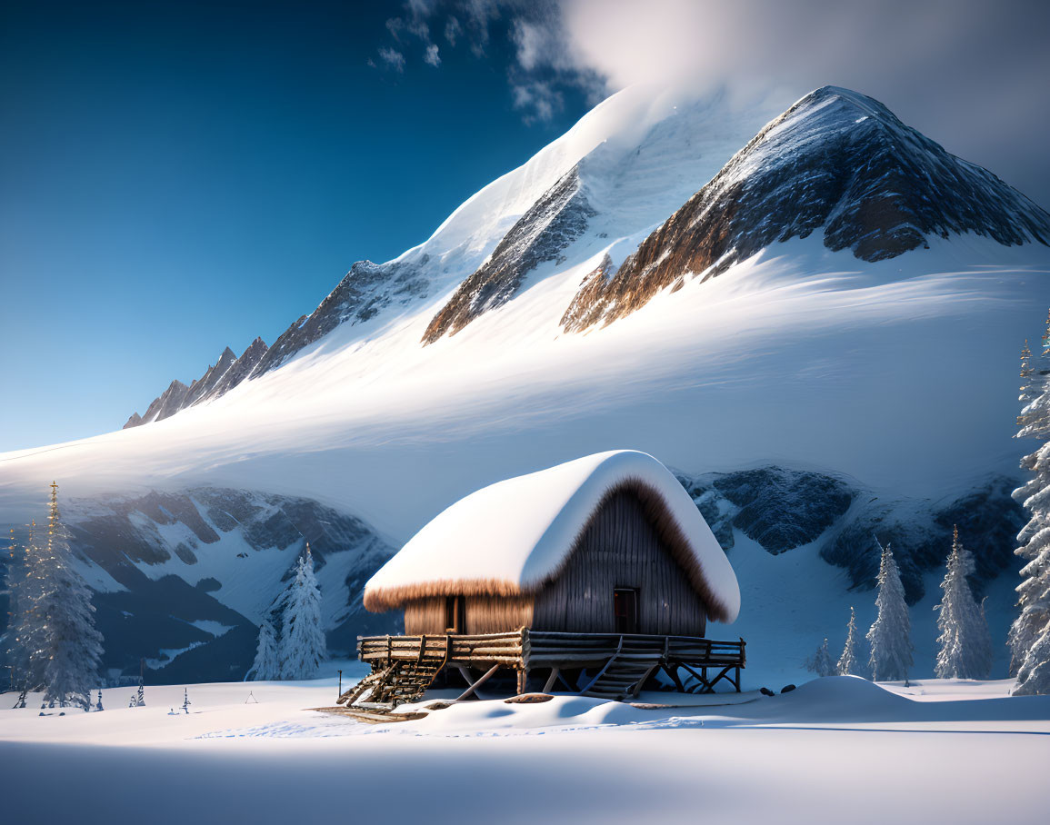 Snow-covered cabin in serene winter mountain setting