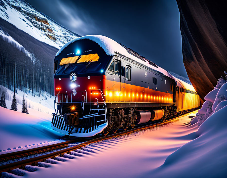 Passenger train in snowy night landscape near mountains