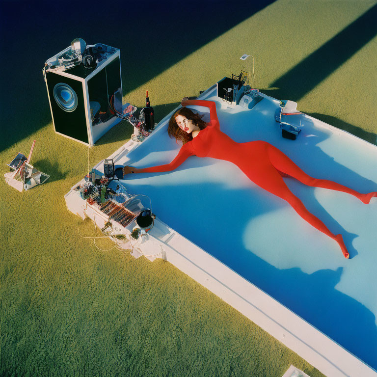 Woman in Red Bodysuit on White Platform with Photographic Equipment