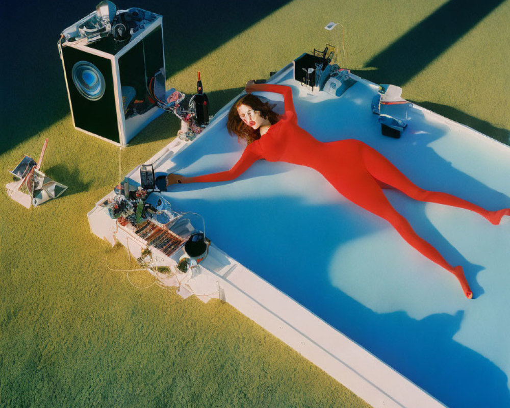 Woman in Red Bodysuit on White Platform with Photographic Equipment