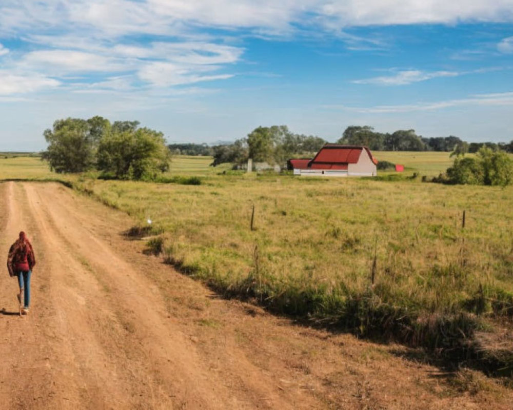 Person with backpack walking towards red-roofed barn in pastoral landscape