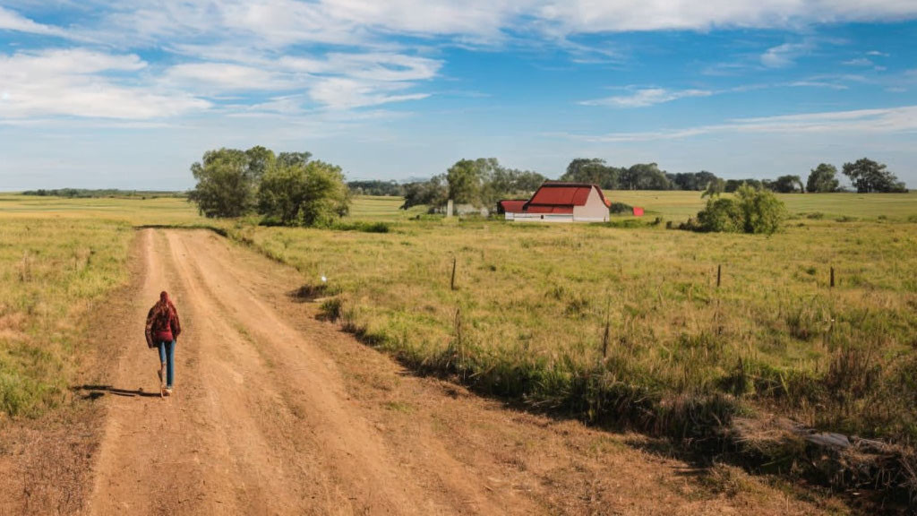 Person with backpack walking towards red-roofed barn in pastoral landscape