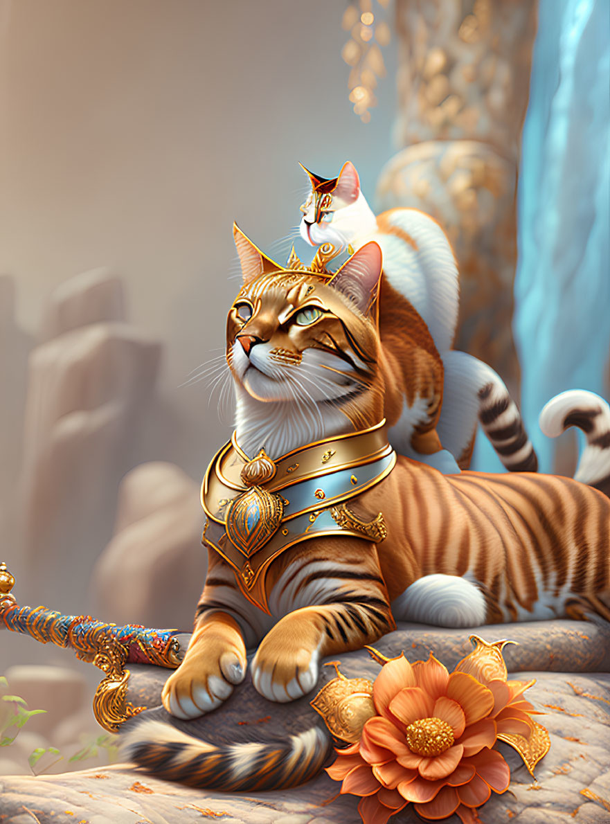 Regal cats with ornate collars in soft-focus backdrop