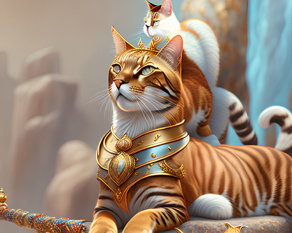 Regal cats with ornate collars in soft-focus backdrop