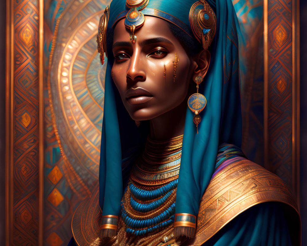 Regal woman with golden jewelry and blue headscarf in intricate setting